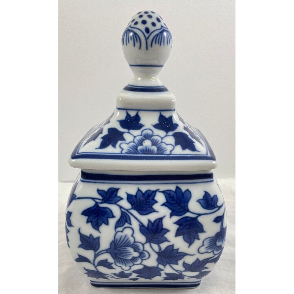 Bombay Co Square Jar Blue White Canister 7.25" Cobalt Navy Floral Leaf Vintage